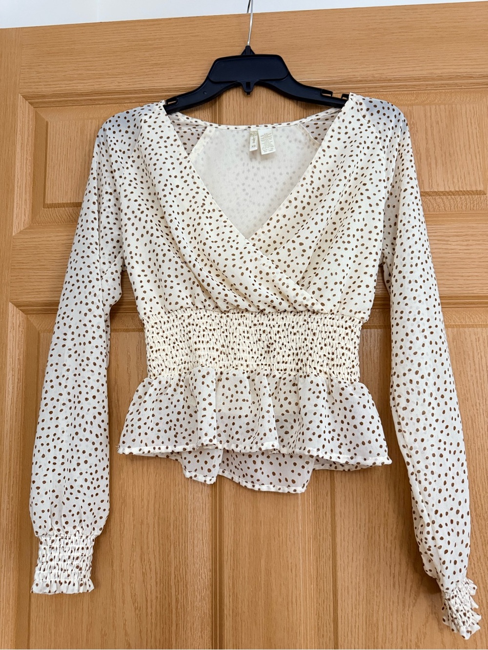 Japna Cream Long-Sleeve Smocked Peplum Top with Brown Dot Print